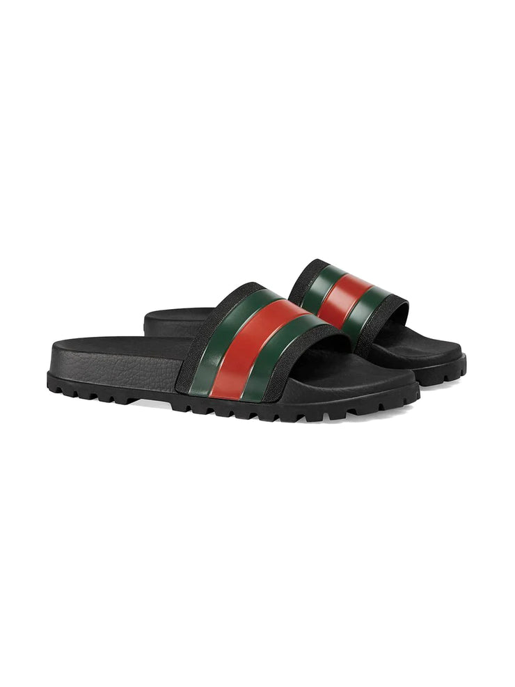 Gucci Pursuit Web Stripe Sliders in Black