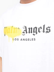 Palm Angels Los Angeles Yellow Sprayed Logo T-Shirt in White