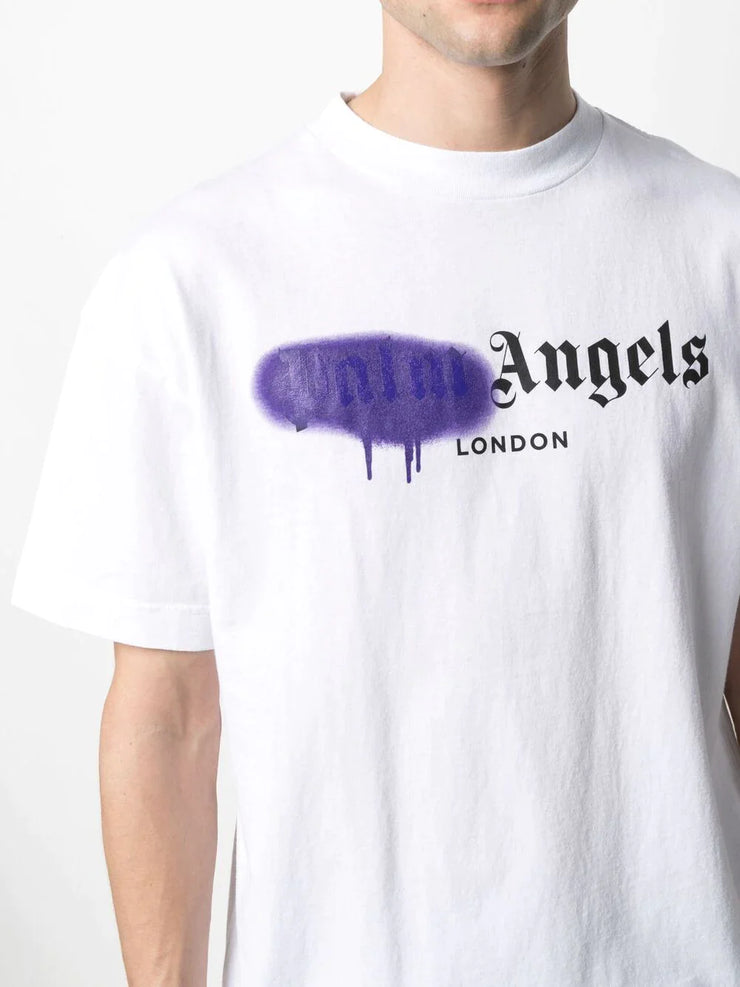 Palm Angels London Purple Sprayed Logo T-Shirt in White