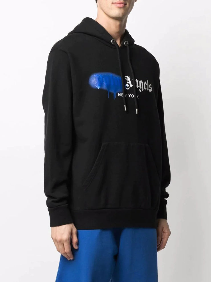 Palm Angels New York Blue Sprayed Logo-print Hoodie Black