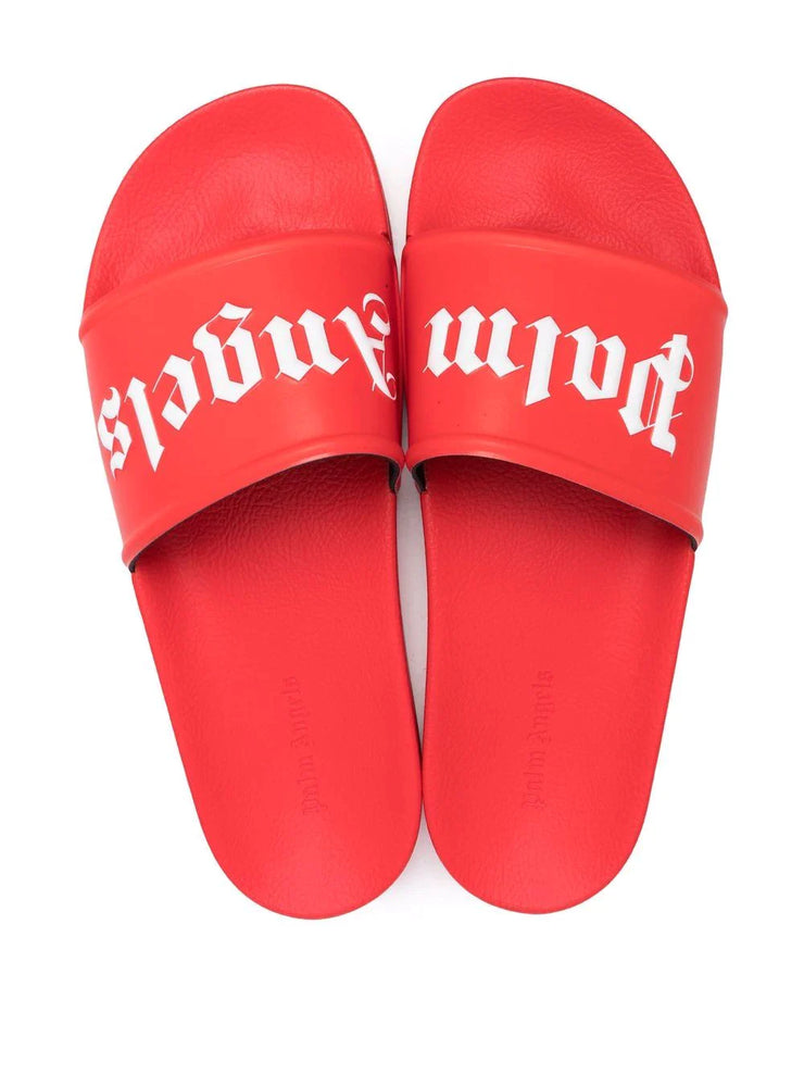 Palm Angels Logo Print Pool Sliders in Red