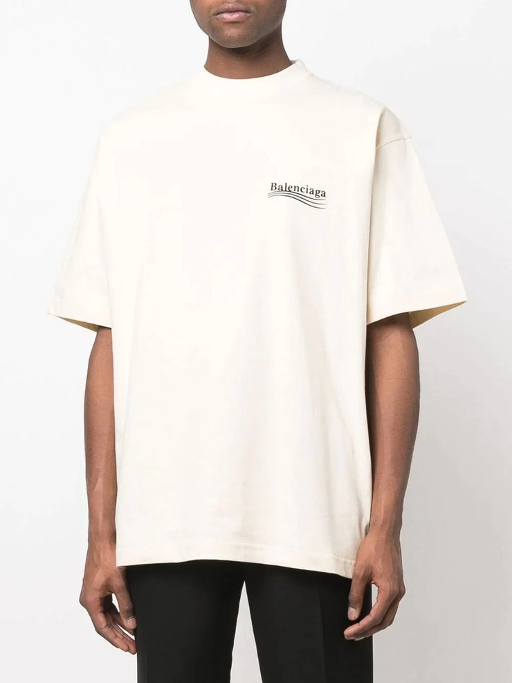 Balenciaga Political Campaign Embroidered Logo Blue Stripe T-Shirt in White