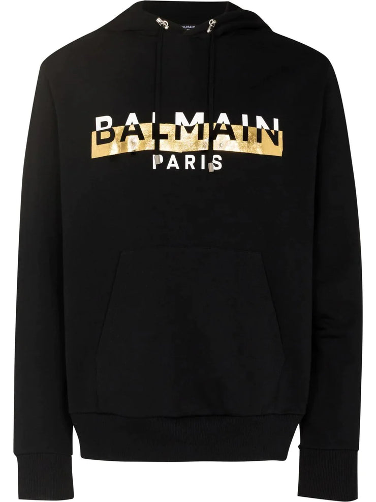 Balmain Foil Logo-Print Hoodie in Black