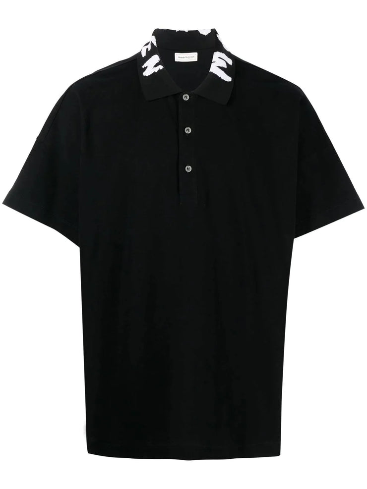 Alexander McQueen Graffiti Collar Logo Oversized Polo in Black