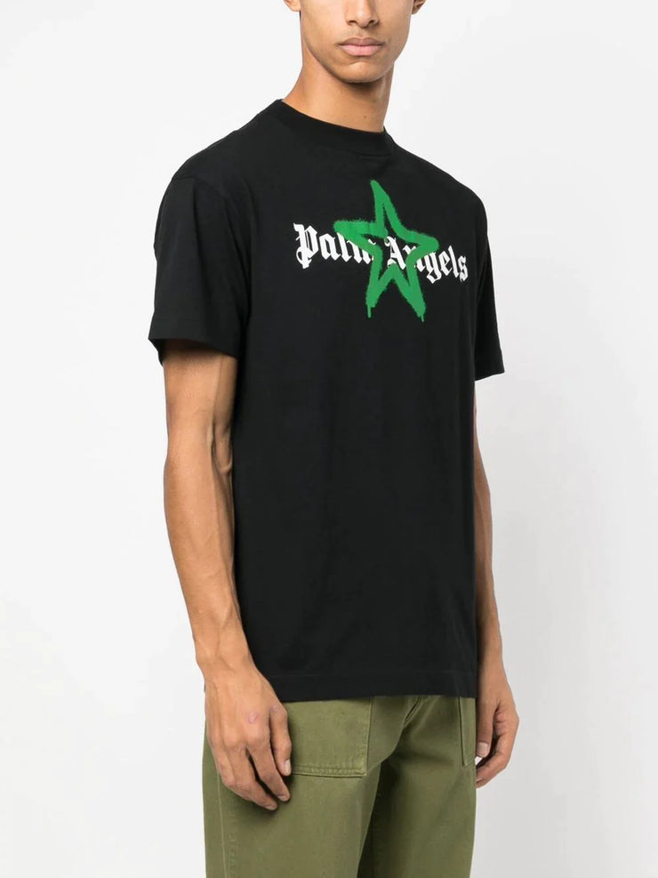 Palm Angels Green Star Sprayed Logo-print T-shirt Black