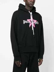 Palm Angels Pink Star Sprayed Print Hoodie in Black