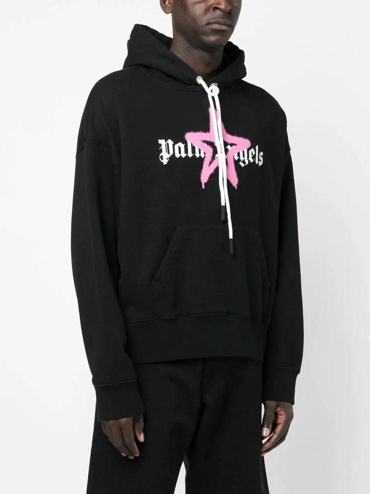 Palm Angels Pink Star Sprayed Print Hoodie in Black