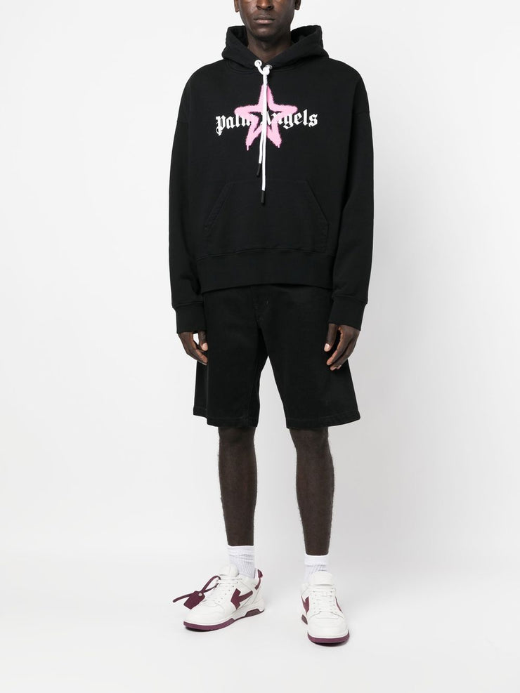 Palm Angels Pink Star Sprayed Print Hoodie in Black