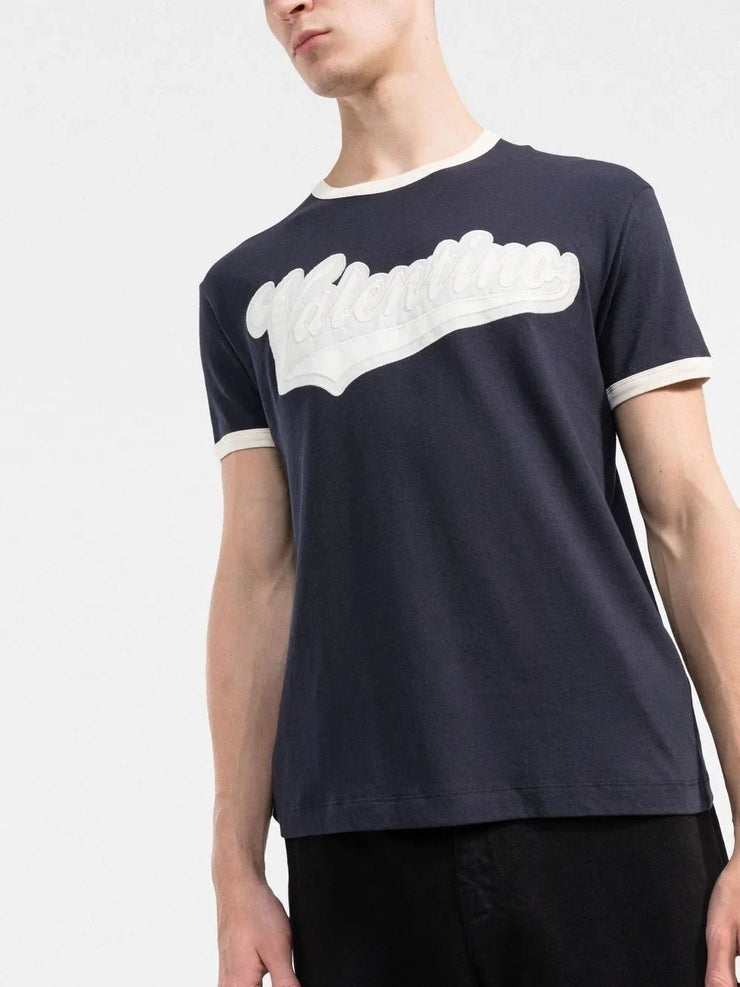 Valentino Garavani Logo Patch Cotton T-Shirt in Navy Blue