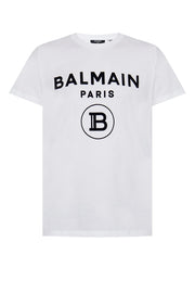 Balmain White Flocked B Paris Logo T-shirt