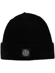 Stone Island Compass Motif Ribbed-Knit Beanie in Black