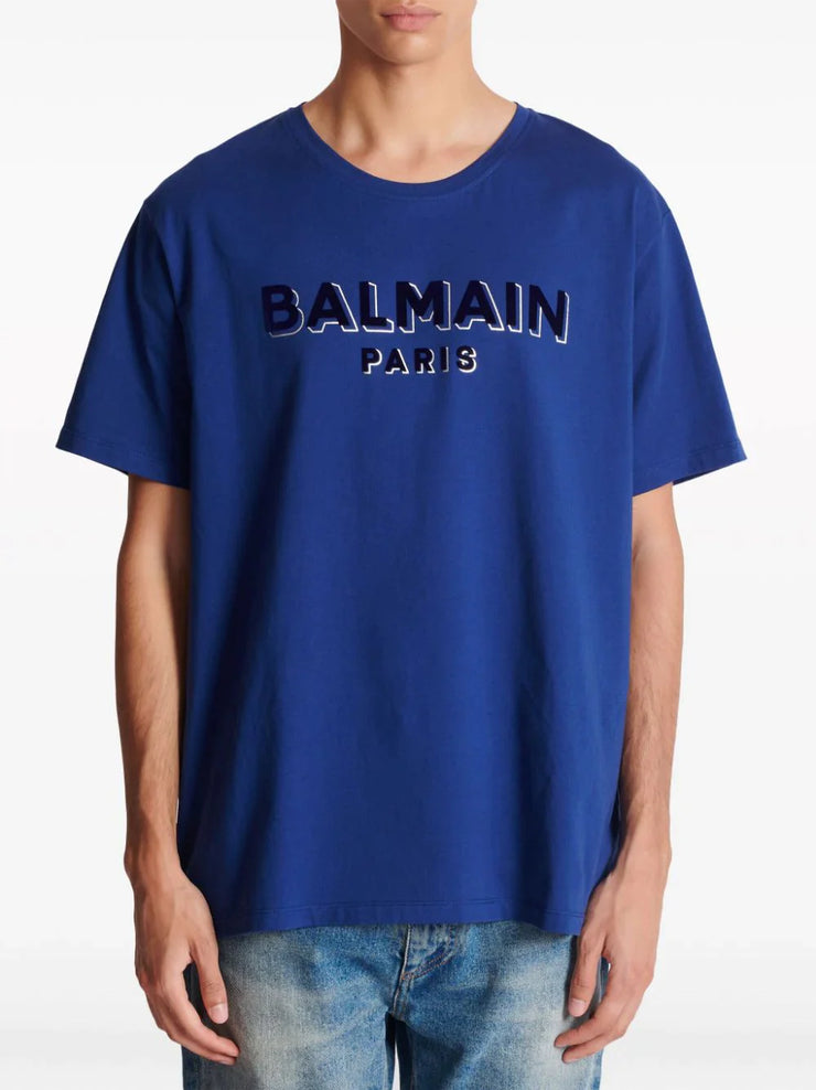 Balmain Crewneck Oversized T-Shirt with Velvet Logo in Blue