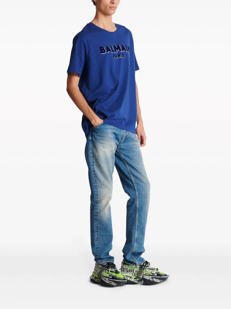 Balmain Crewneck Oversized T-Shirt with Velvet Logo in Blue