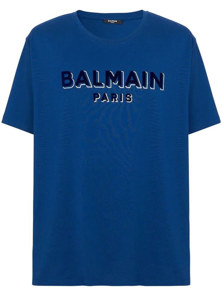 Balmain Crewneck Oversized T-Shirt with Velvet Logo in Blue